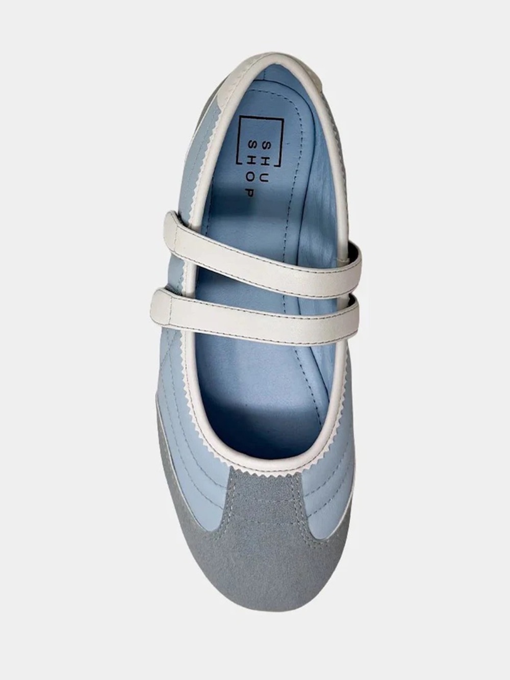 ShuShop Double-Strap Mary Janes in Light Blue, Gray and White